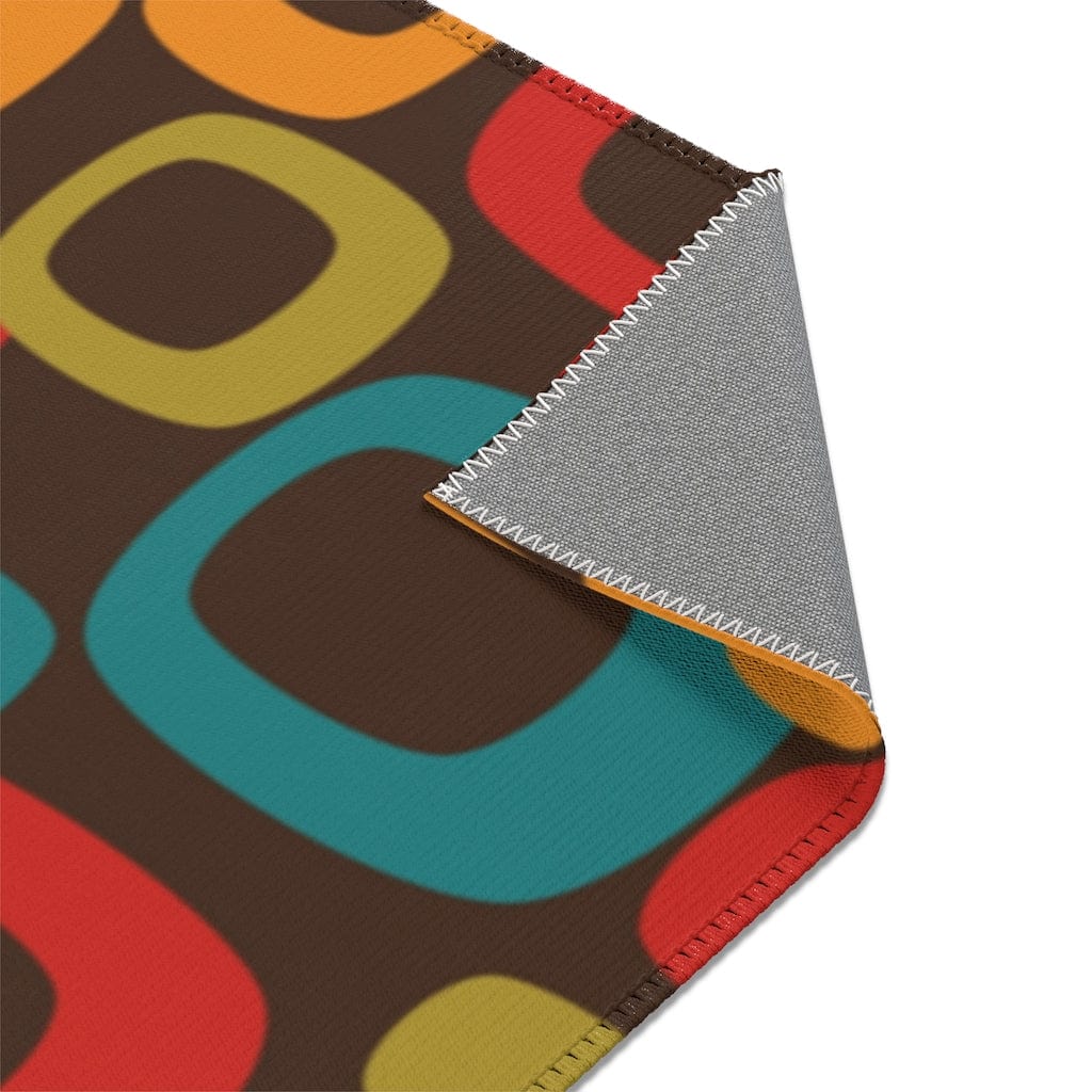 Retro Chocolate Brown Geometric Groovy Teal Blue, Green, Yellow, Burnt Orange, Mid Century Modern Area Rugs Home Decor