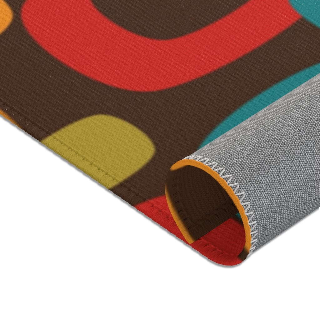 Retro Chocolate Brown Geometric Groovy Teal Blue, Green, Yellow, Burnt Orange, Mid Century Modern Area Rugs Home Decor
