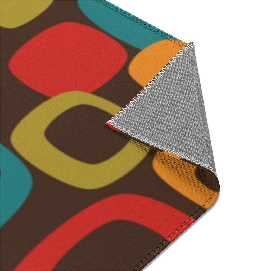 Retro Chocolate Brown Geometric Groovy Teal Blue, Green, Yellow, Burnt Orange, Mid Century Modern Area Rugs Home Decor