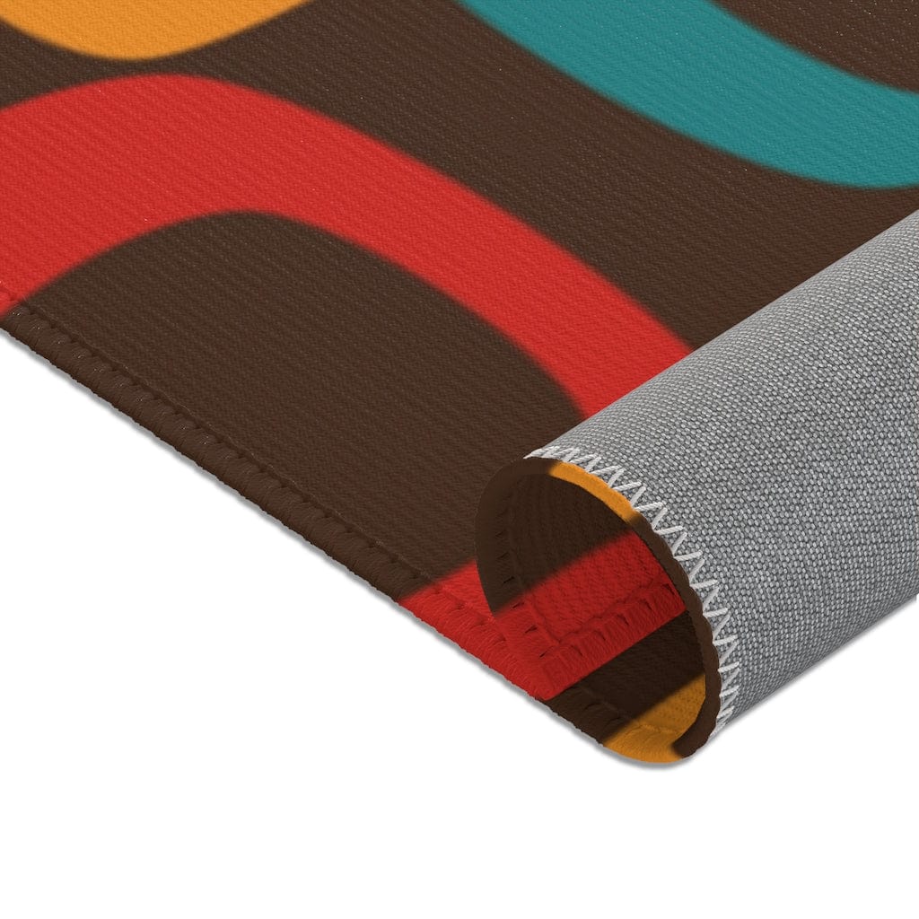 Retro Chocolate Brown Geometric Groovy Teal Blue, Green, Yellow, Burnt Orange, Mid Century Modern Area Rugs Home Decor