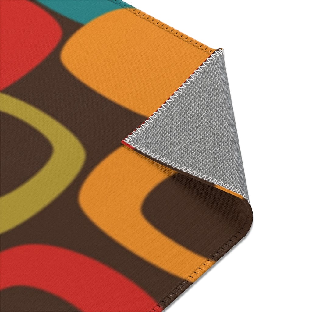 Retro Chocolate Brown Geometric Groovy Teal Blue, Green, Yellow, Burnt Orange, Mid Century Modern Area Rugs Home Decor