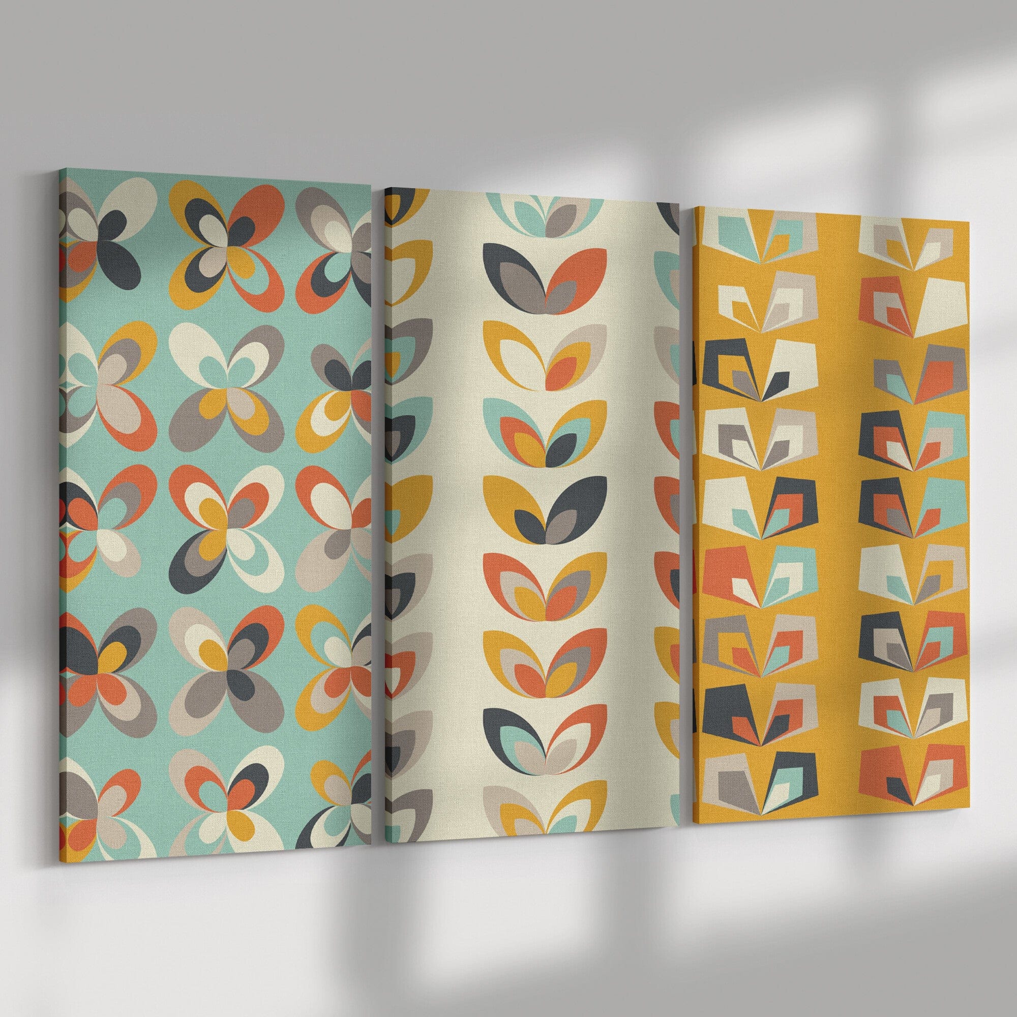Retro Denmark Design, Scandinavian Flowers, Beige, Mint Green, Yellow, Mid Mod MCM Canvas Wall Art (3) Custom Pieces Wall Art