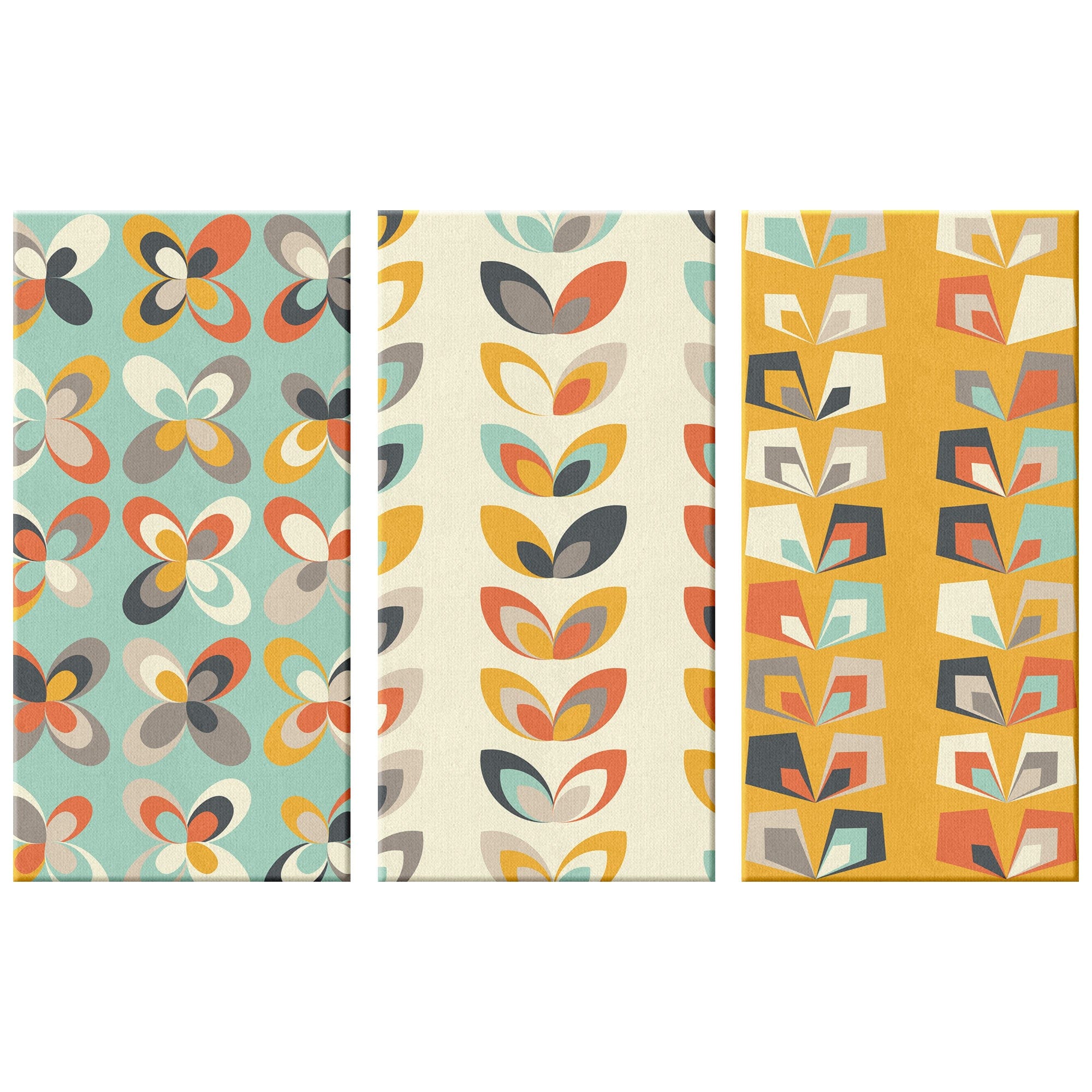 Retro Denmark Design, Scandinavian Flowers, Beige, Mint Green, Yellow, Mid Mod MCM Canvas Wall Art (3) Custom Pieces Wall Art