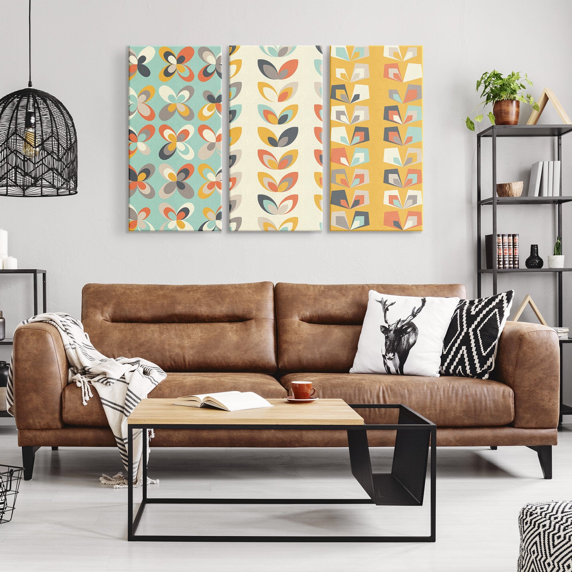 Retro Denmark Design, Scandinavian Flowers, Beige, Mint Green, Yellow, Mid Mod MCM Canvas Wall Art (3) Custom Pieces Wall Art
