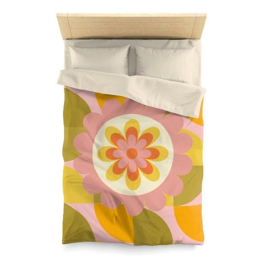 Retro Geometric 1970's Groovy Flower Power Vibes Baby, Toddler, Teen, Green, Pink, Flower Power, Hippie Queen Or Twin Microfiber Duvet Cover