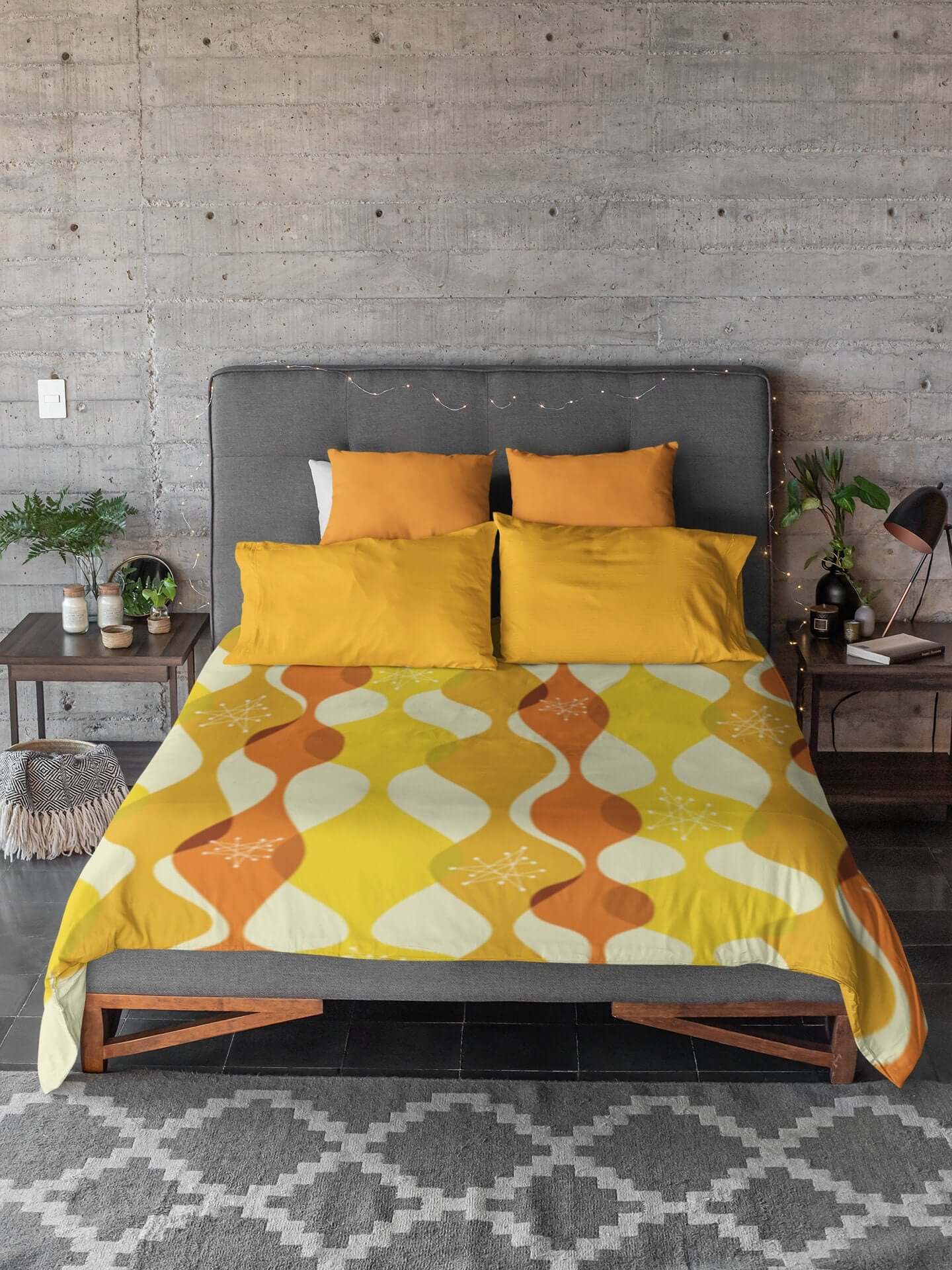 Retro Groovy Mid Century Modern Orange, Yellow Modern Boho Microfiber Duvet Cover