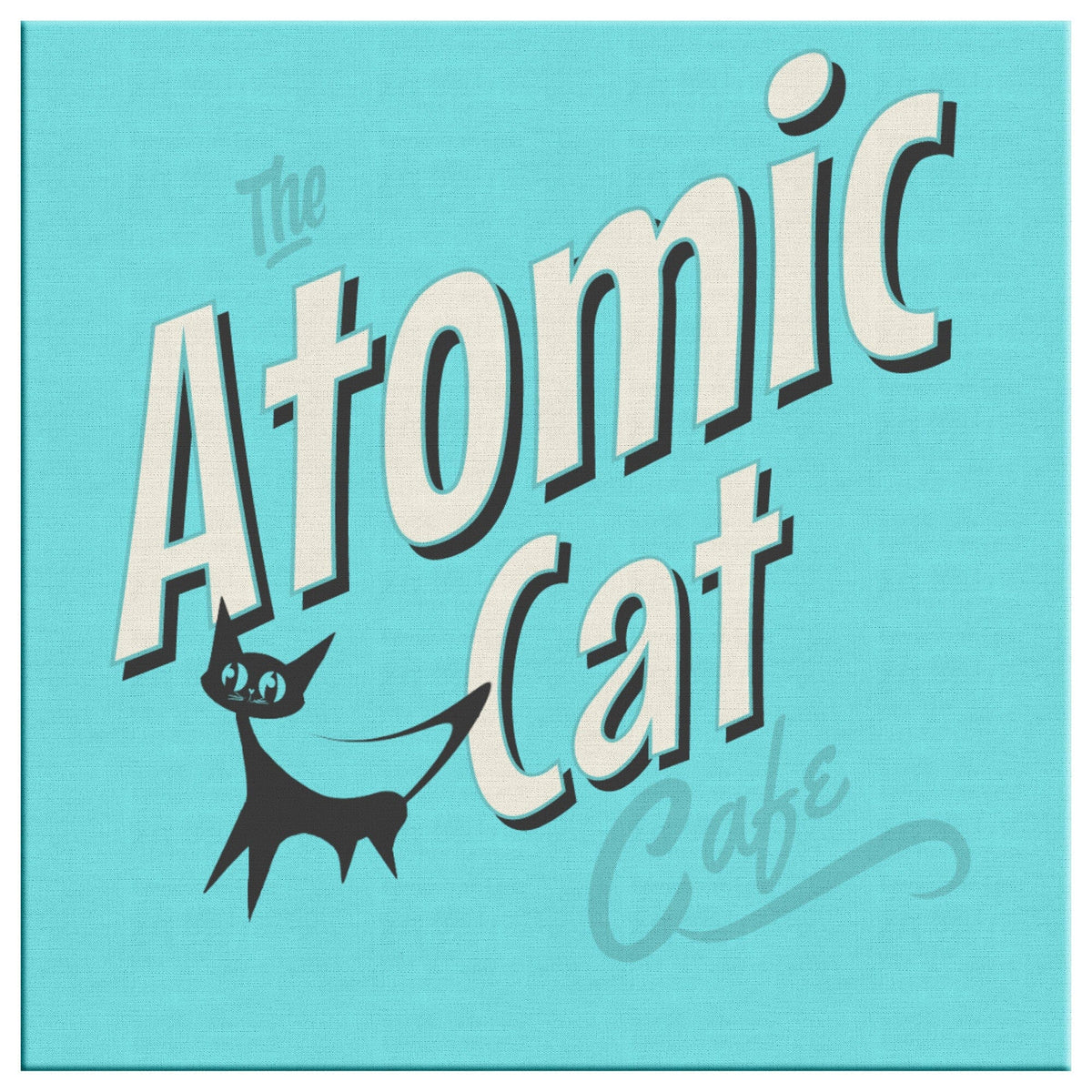 Retro Kitchen Art, Atomic Cat Cafe, Aqua Blue, Mid Mod Kitschy Wall Canvas Wall Art