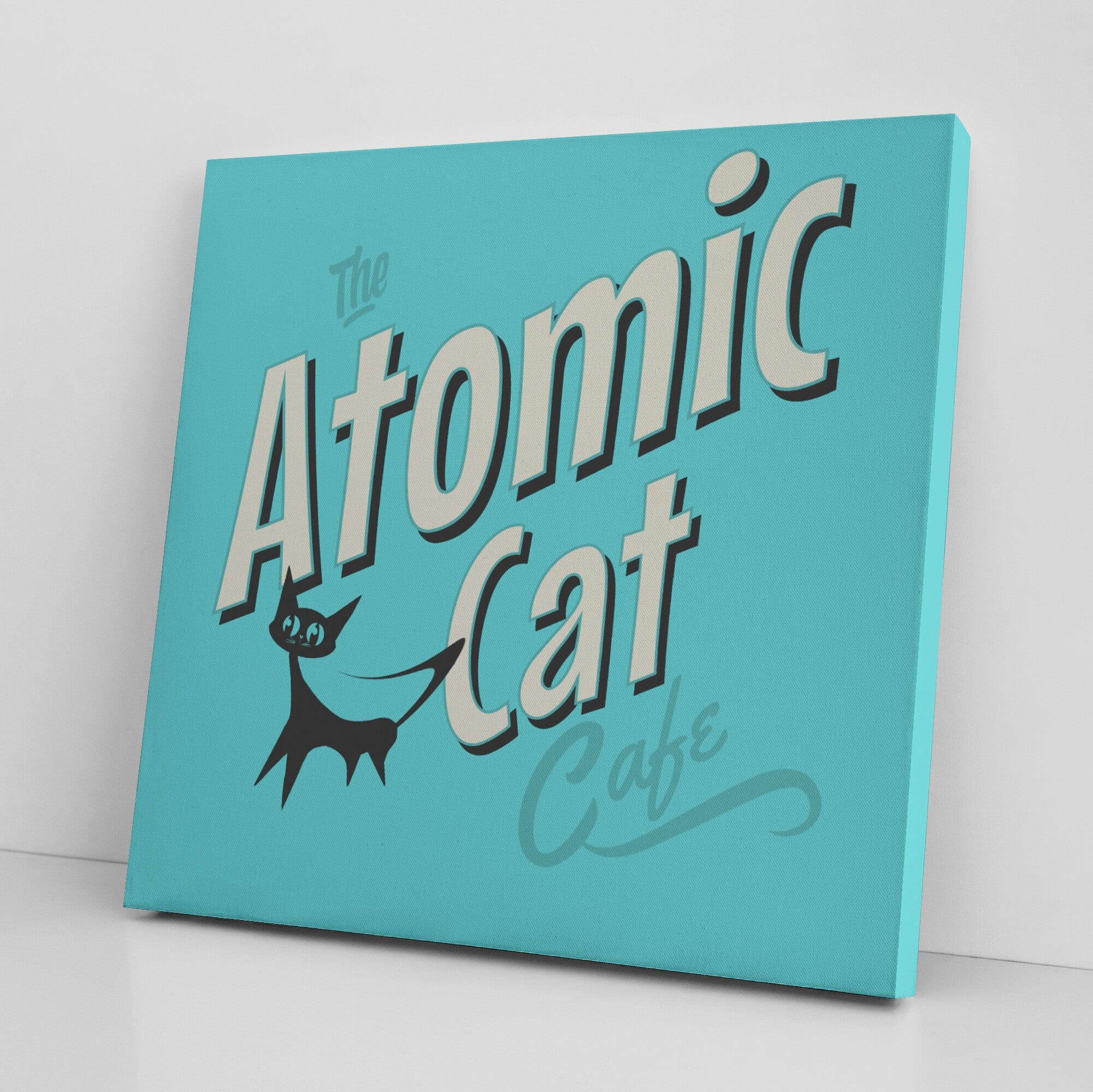 Retro Kitchen Art, Atomic Cat Cafe, Aqua Blue, Mid Mod Kitschy Wall Canvas Wall Art