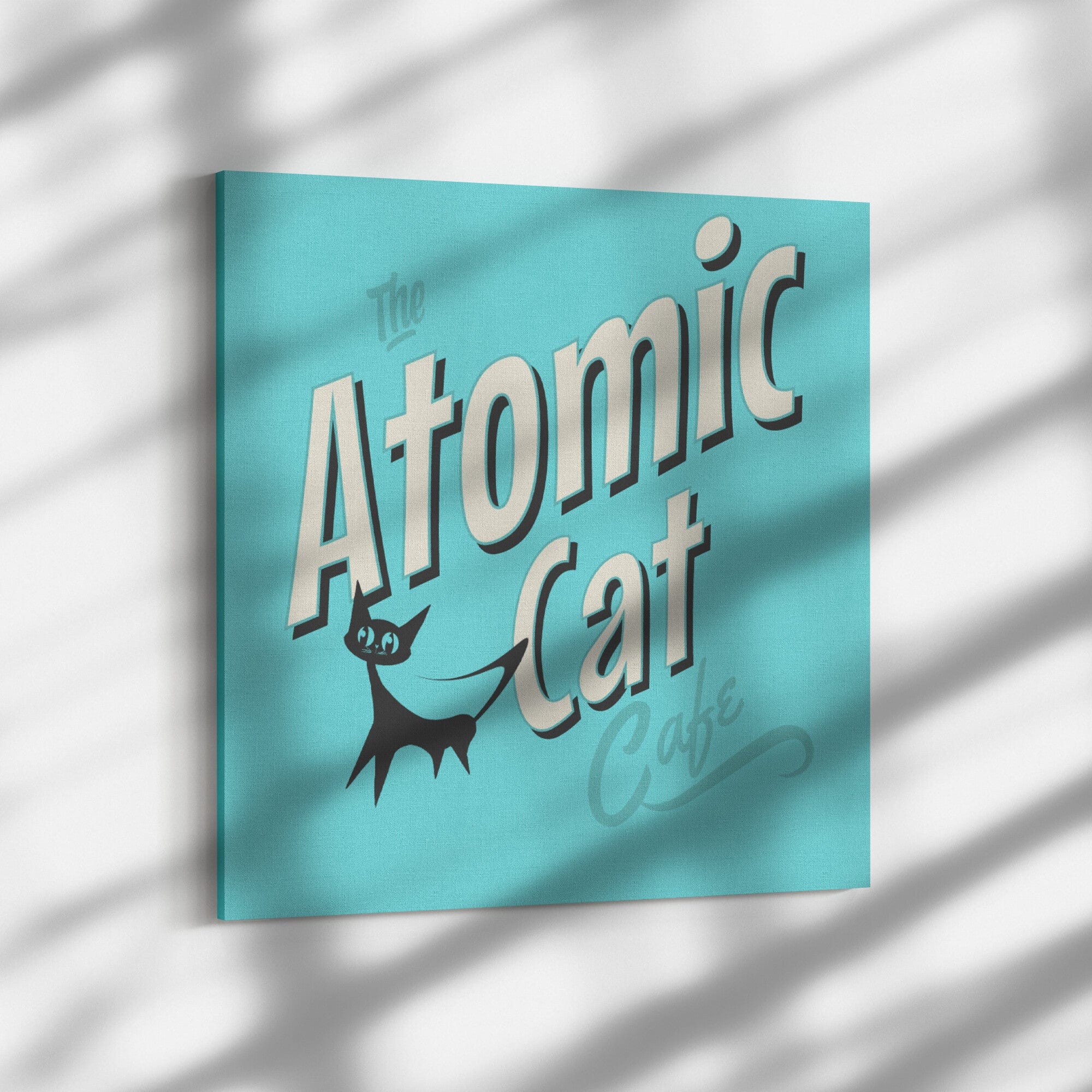 Retro Kitchen Art, Atomic Cat Cafe, Aqua Blue, Mid Mod Kitschy Wall Canvas Wall Art