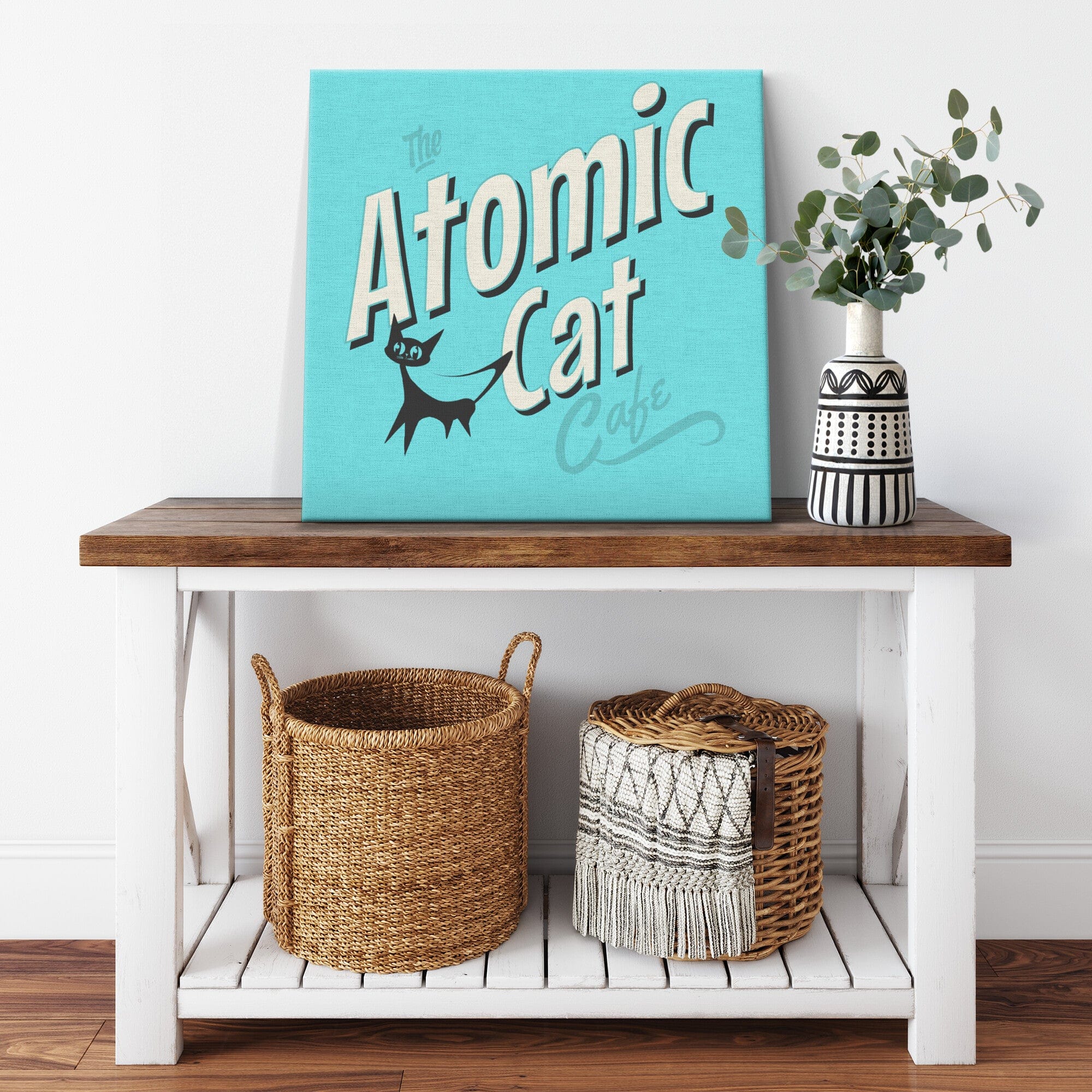 Retro Kitchen Art, Atomic Cat Cafe, Aqua Blue, Mid Mod Kitschy Wall Canvas Wall Art