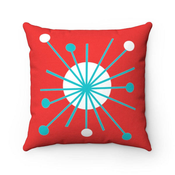 Retro Pillow Atomic Astro Star Burst Red, Aqua, White Mid Century Modern Square Pillow And Insert