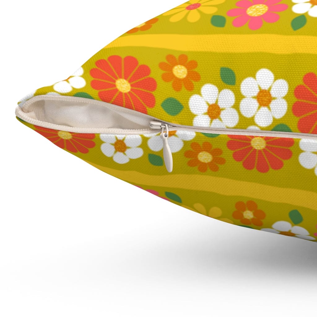 Retro Pillow, Daisy Flower Green, Orange White Mid Century Modern Boho 70s Spun Polyester Square Pillow Home Decor