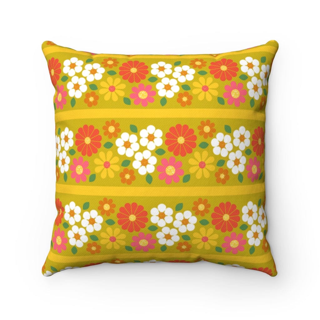 Retro Pillow, Daisy Flower Green, Orange White Mid Century Modern Boho 70s Spun Polyester Square Pillow Home Decor