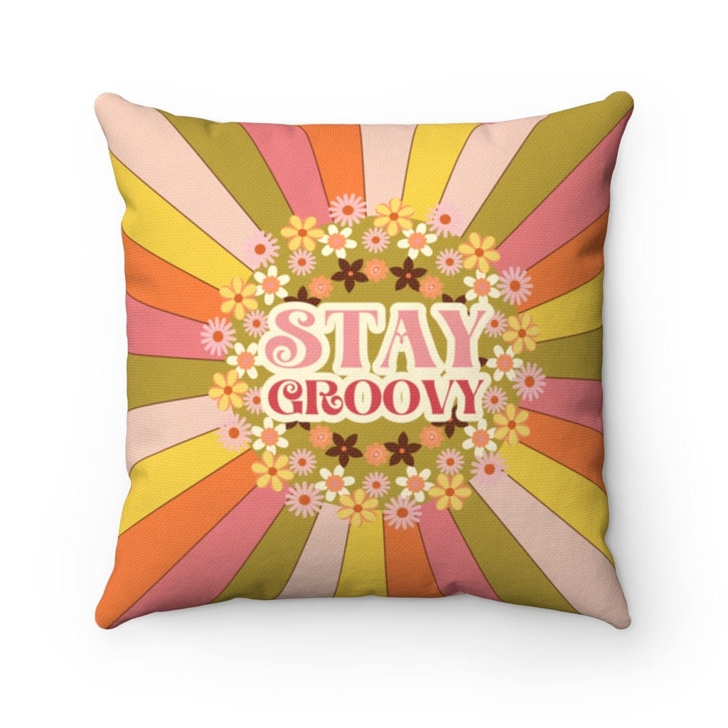 Retro Pillows, Stay Groovy, 70's Pink, Green, Yellow, Orange Sunburst Mid Century Modern 70's Home Decor Pillow And Insert