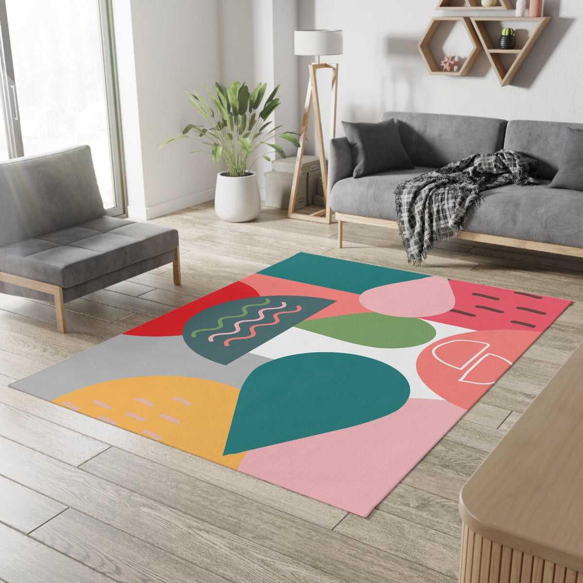 Retro Rug Boho Mid Century Modern Geometric Teal, Pink, Yellow, Green, Living Room, Bedroom, Entry Area Rugs Home Decor