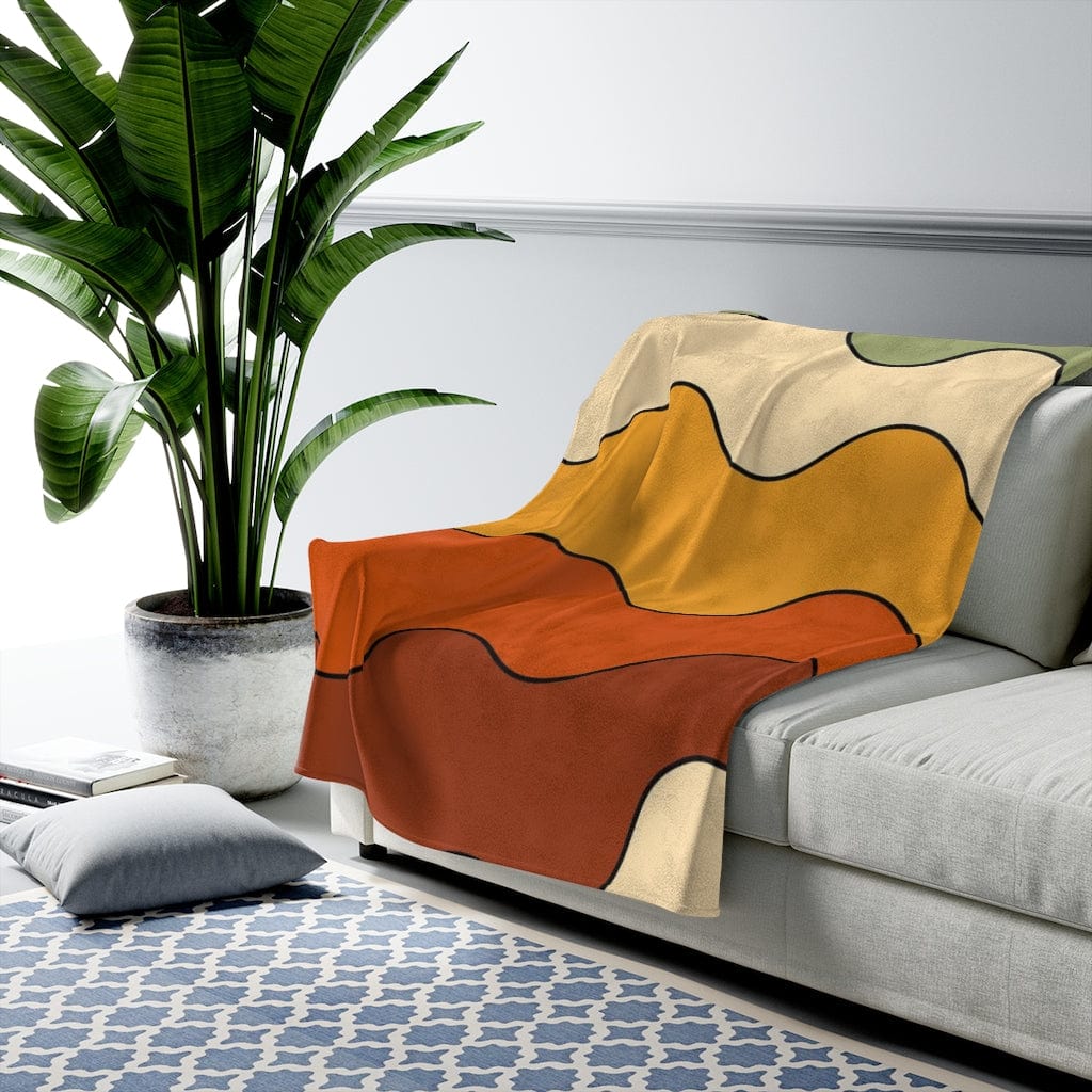 Retro Throw Blanket, Bohemian Bedding, Groovy 70s Blanket, Yellow, Rust, Green Velveteen THIN Cozy Blanket All Over Prints