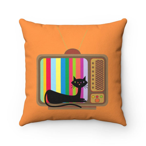 Retro Throw Pillow Atomic Cat, 60's, 70's Retro TV Orange Mid Century Modern Spun Polyester Square Pillow