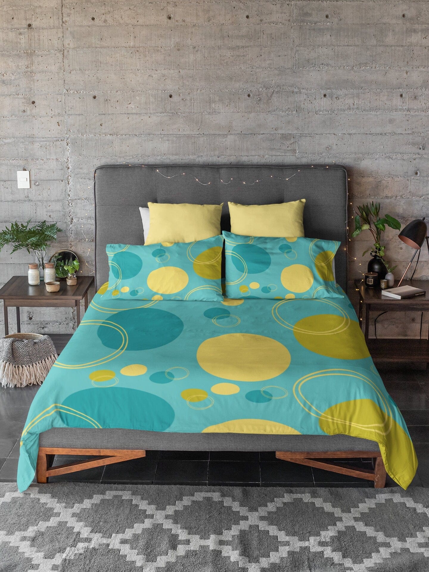 Retro Turquoise Blue Mid Century Mod Geometric Circle Yellow, Green Microfiber Duvet Cover