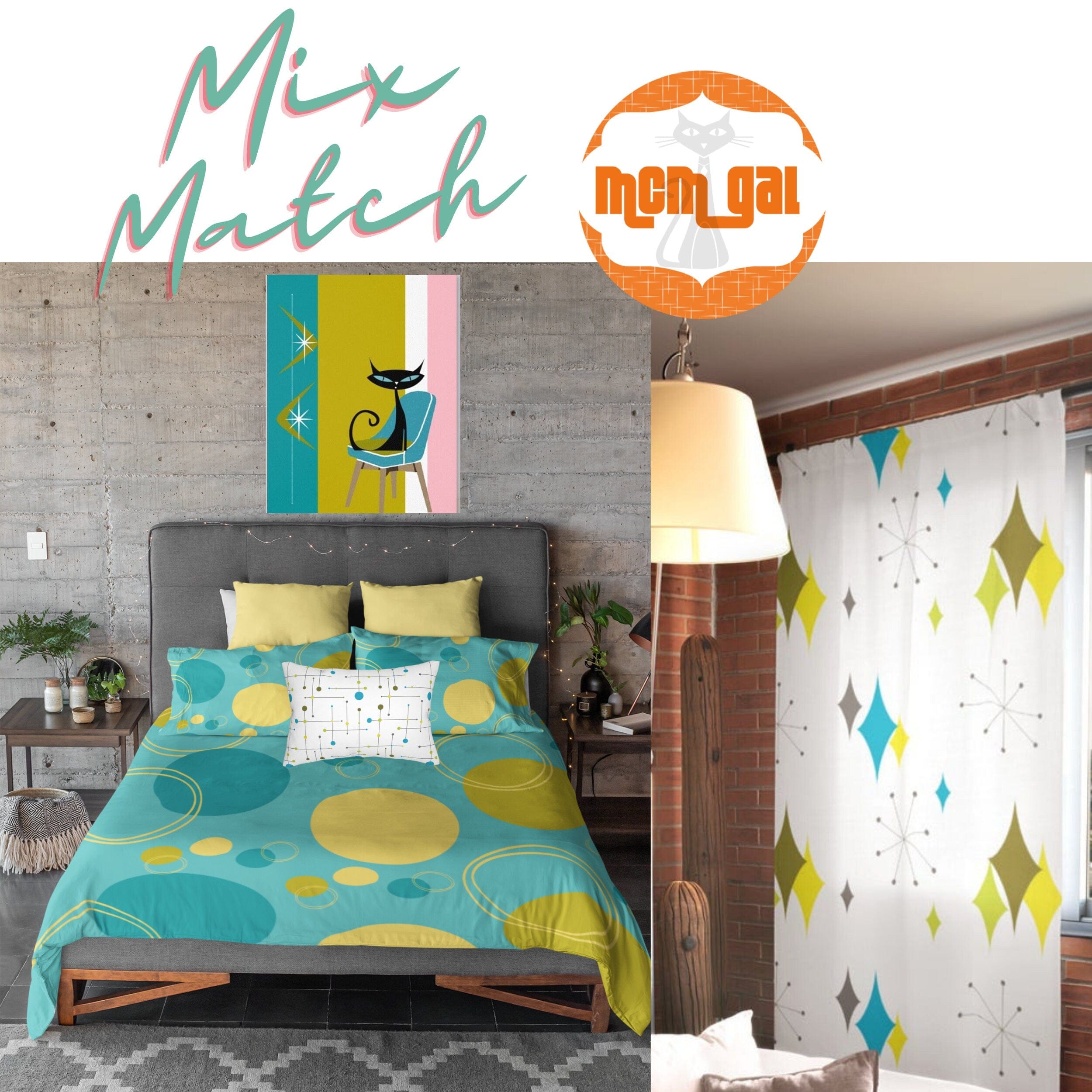 Retro Turquoise Blue Mid Century Mod Geometric Circle Yellow, Green Microfiber Duvet Cover