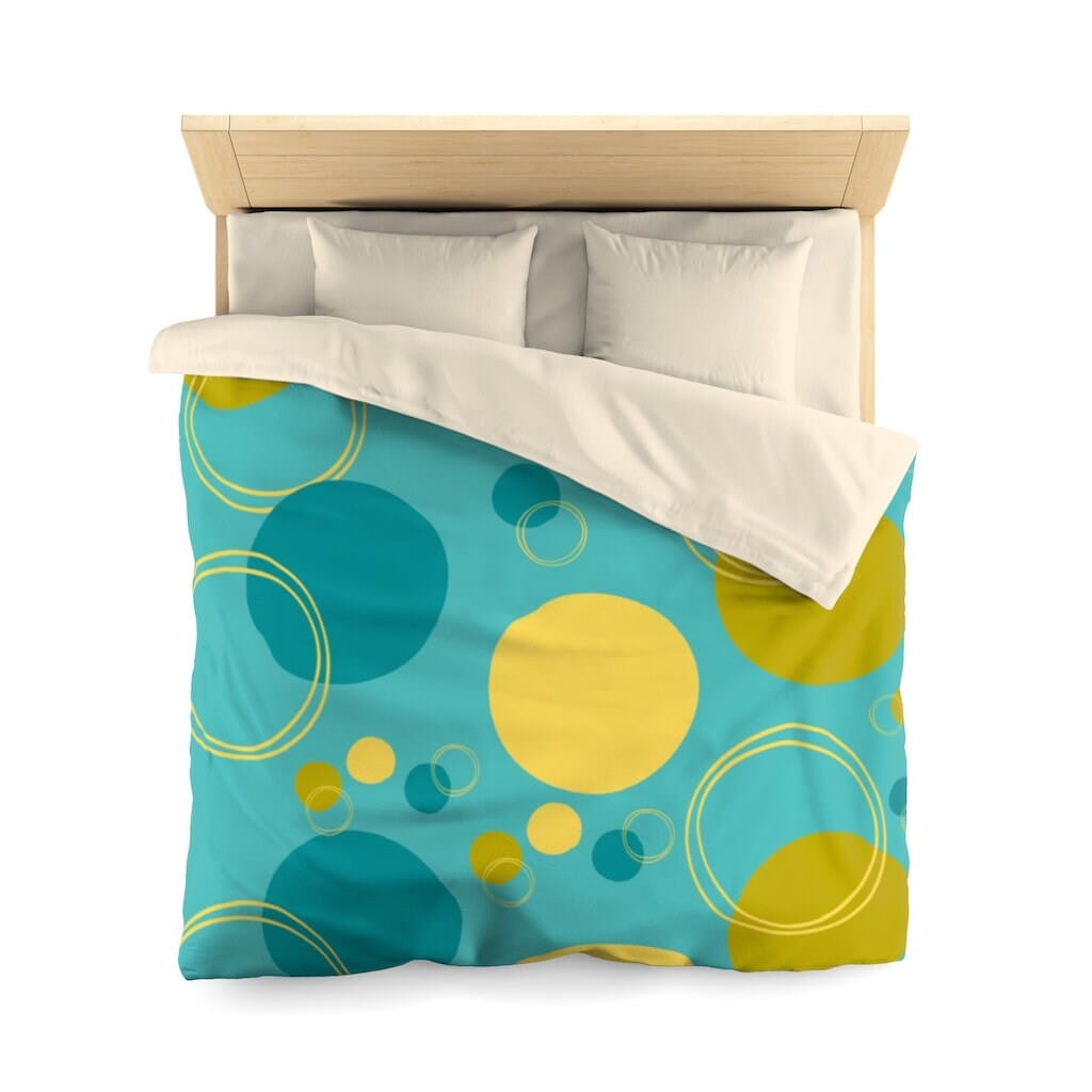 Retro Turquoise Blue Mid Century Mod Geometric Circle Yellow, Green Microfiber Duvet Cover