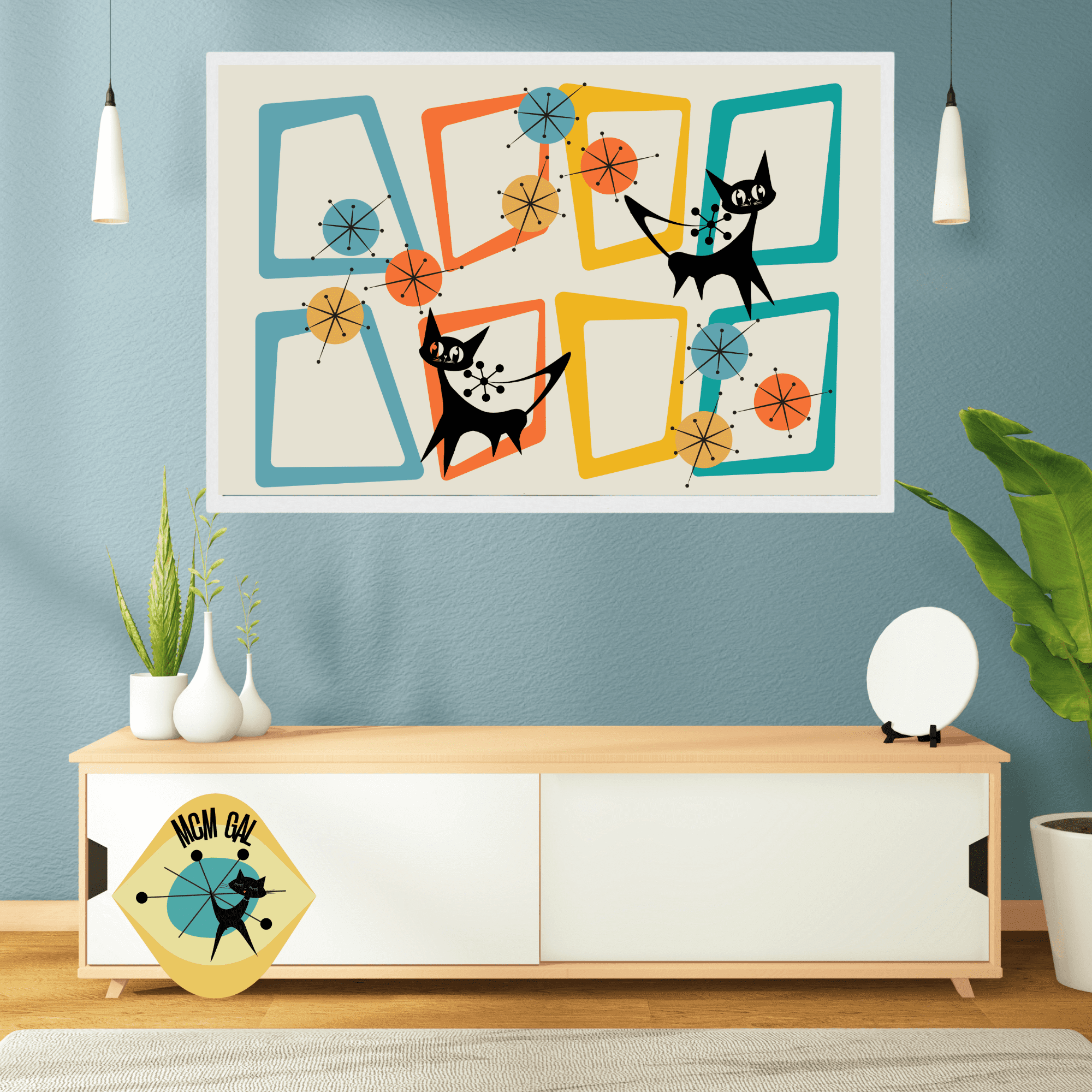 Samsung TV Frame Art, Mid Century Modern Wall Art, Atomic Cat Retro TV Frame Digital Download Art