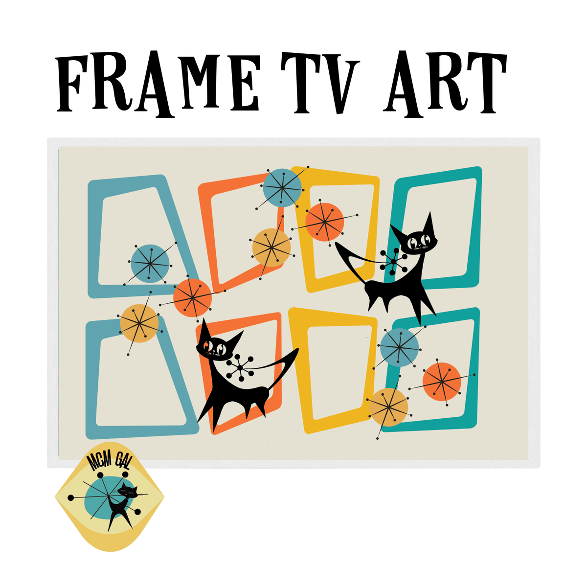 Samsung TV Frame Art, Mid Century Modern Wall Art, Atomic Cat Retro TV Frame Digital Download Art