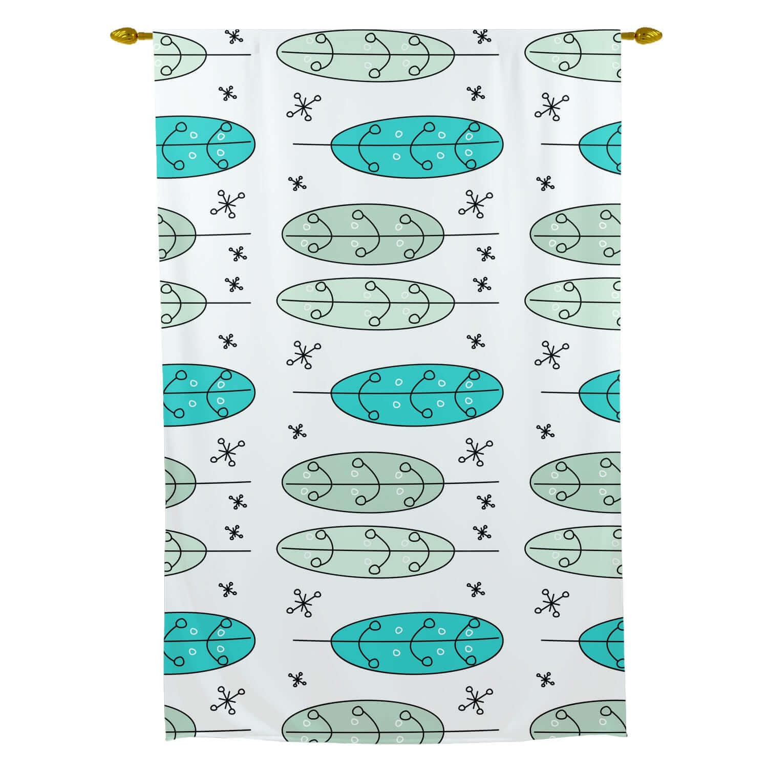 Scandinavian Denmark Design, Retro Flower Mint Green, Turquoise Blue Tie Up Curtain Curtains