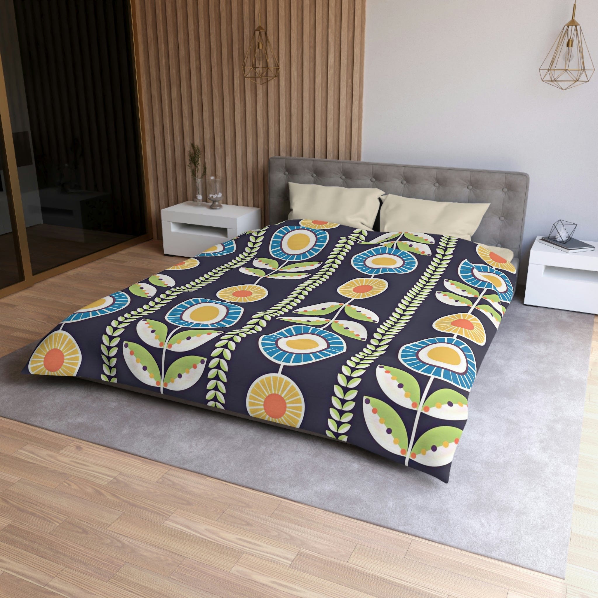 Scandinavian Folk Art Flower Bedding, Norwegian Folk Art Home Decor Swedish Hygge Nordic Blue, Green, Yellow Duvet Covers Home Decor