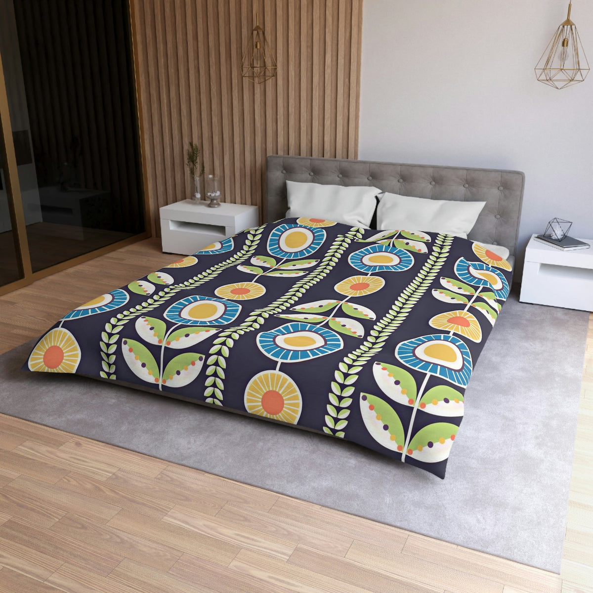 Scandinavian Folk Art Flower Bedding, Norwegian Folk Art Home Decor Swedish Hygge Nordic Blue, Green, Yellow Duvet Covers Home Decor