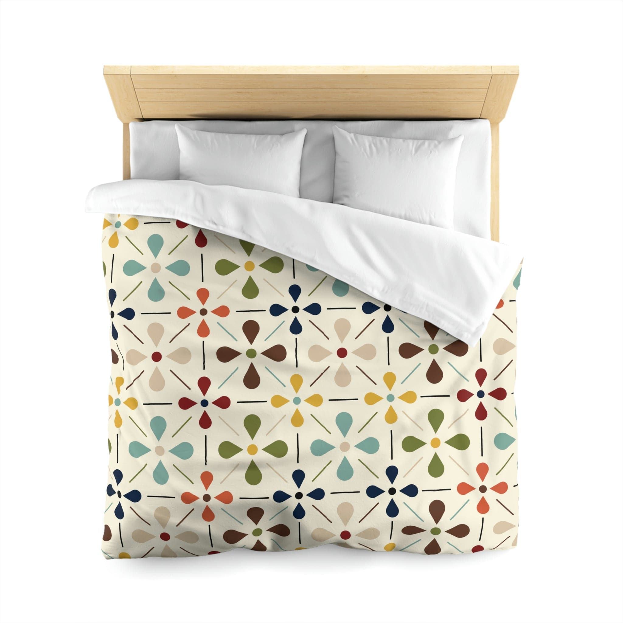 Scandinavian, Modern Danish Flower, Beige, Blue, Green, Yellow, Teal, Queen Microfiber Duvet Cover Home Decor
