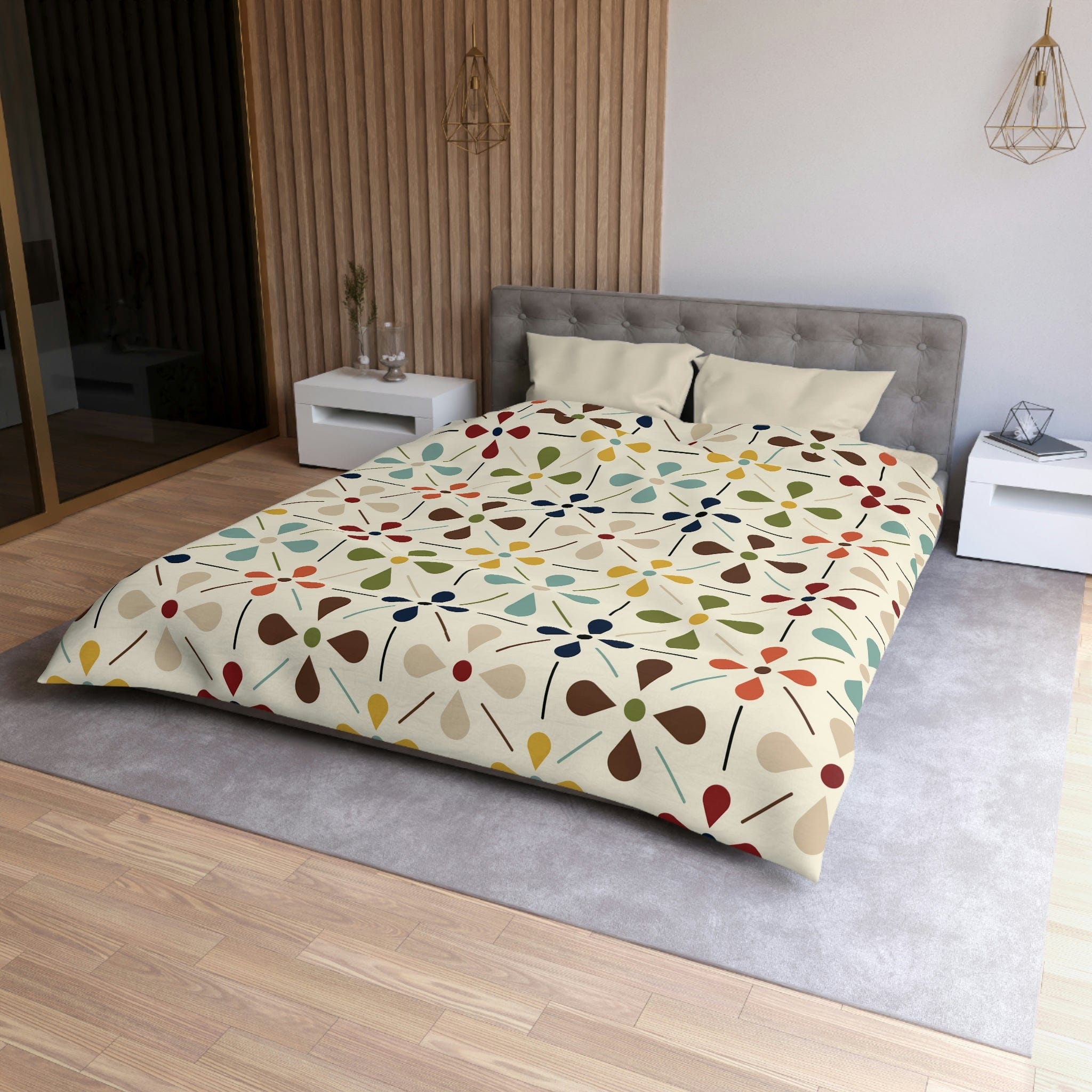 Scandinavian, Modern Danish Flower, Beige, Blue, Green, Yellow, Teal, Queen Microfiber Duvet Cover Home Decor