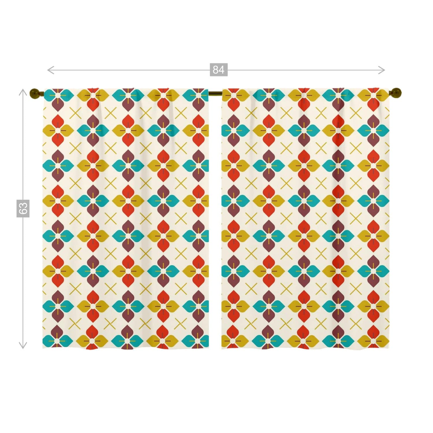 Scandinavian, Modern Danish Flower, Golden Yellow, Burnt Rd, Beige, Teal Blue, Retro Window Curtains (two panels) Curtains