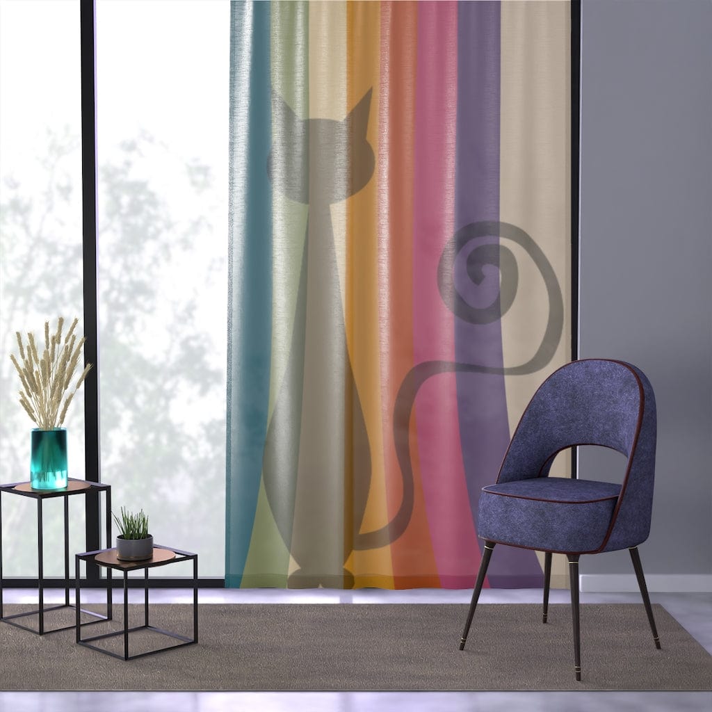 70's Curtains, Mod Cat, Retro Rainbow Road, Yellow, Pink, Blue, Green, Beige, Mid Mod MCM SHEER Window Curtain Home Decor Sheer / White / 50" × 84"