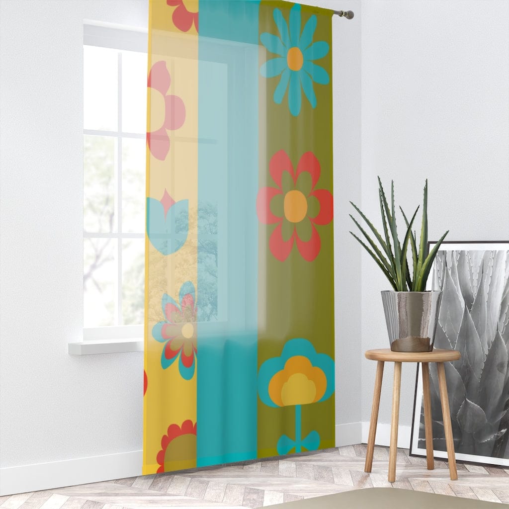 70's Retro Livingroom, Bedroom, Kitchen, Green, Yellow, Teal, Mod Daisy, Groovy Flower Power, Mid Century Modern, MCM SHEER Window Curtain Home Decor Sheer / White / 50" × 84"