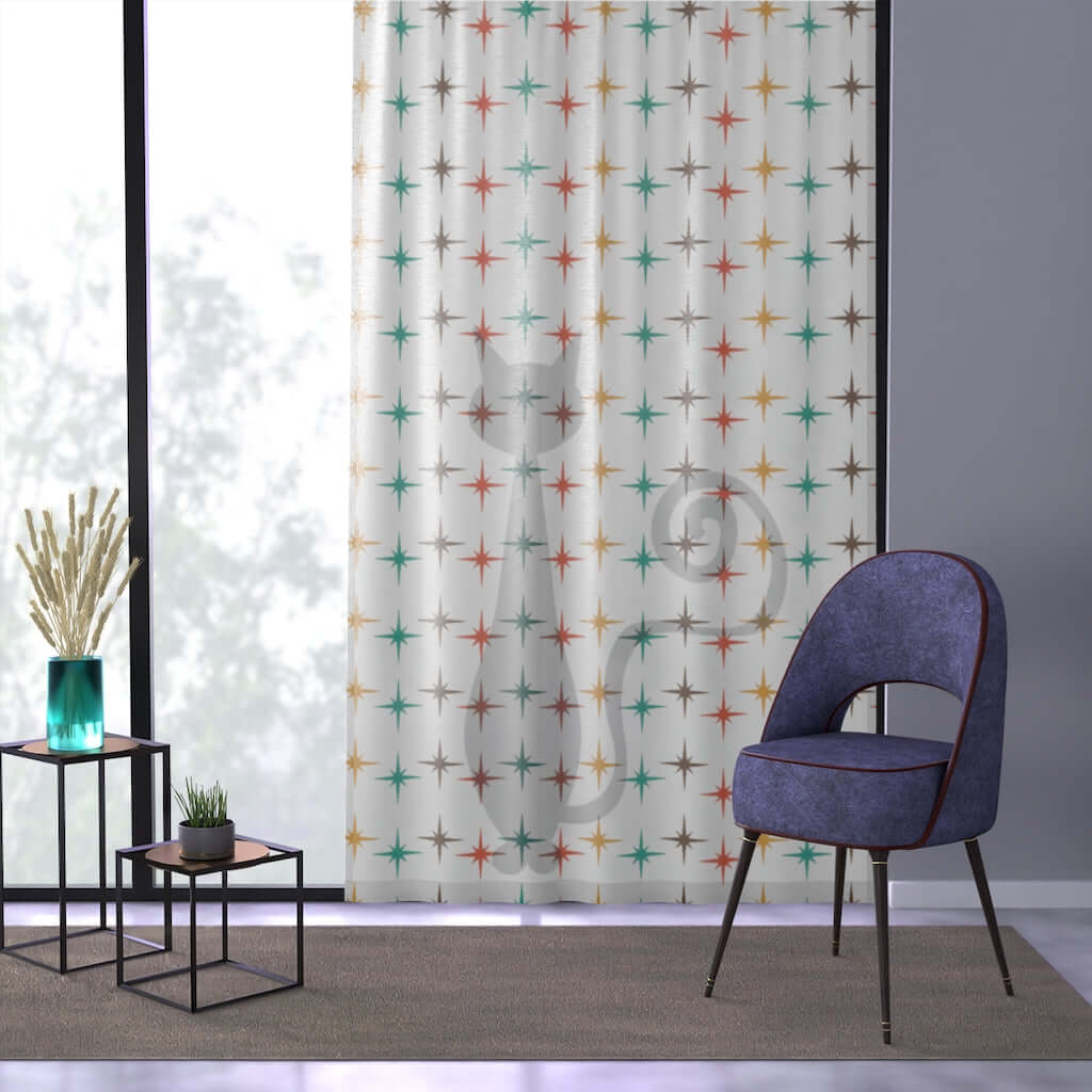 Atomic Cat Retro Curtains White, Starburst, Teal, Yellow, Brown, Red Mid Century Modern SHEER Window Curtain Home Decor Sheer / White / 50" × 84"