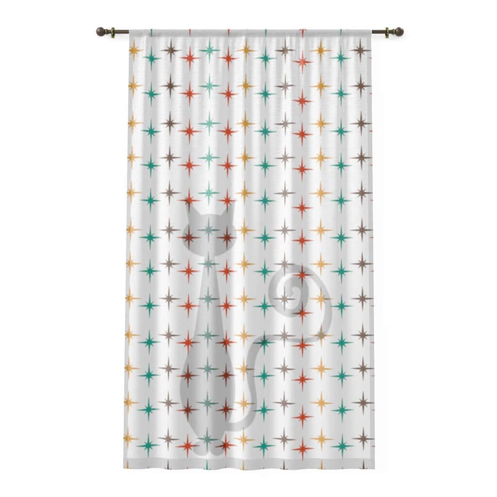 Atomic Cat Retro Curtains White, Starburst, Teal, Yellow, Brown, Red Mid Century Modern SHEER Window Curtain Home Decor Sheer / White / 50" × 84"