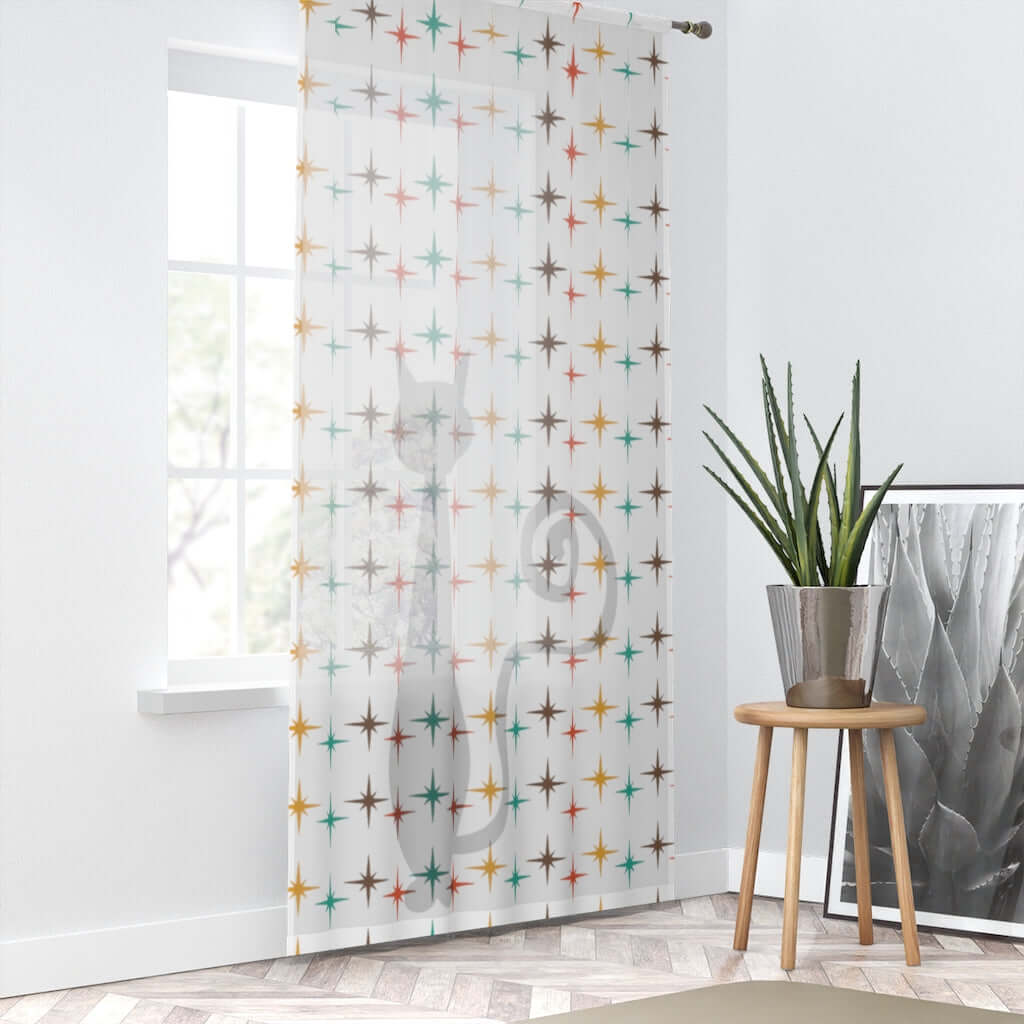Atomic Cat Retro Curtains White, Starburst, Teal, Yellow, Brown, Red Mid Century Modern SHEER Window Curtain Home Decor Sheer / White / 50" × 84"