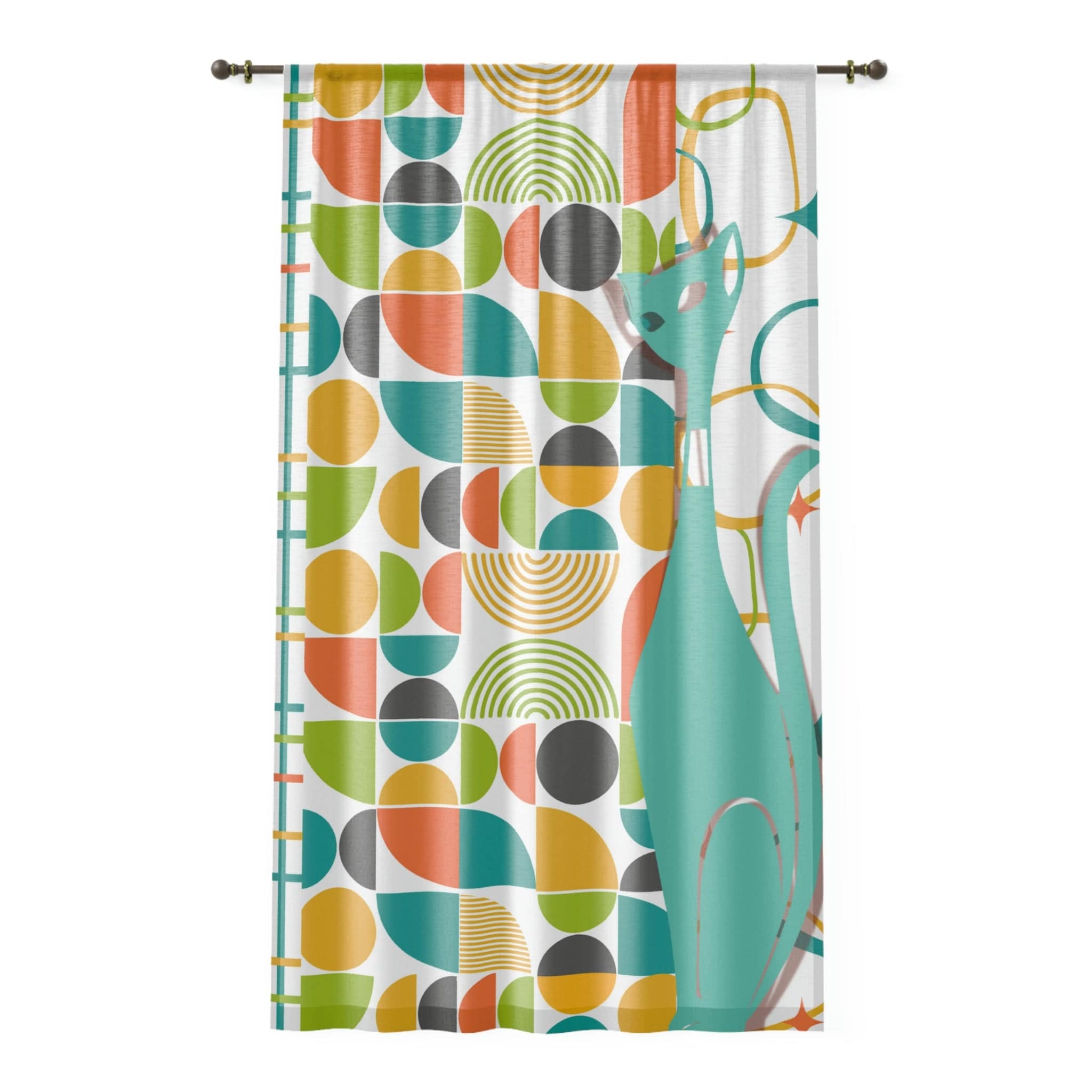 Atomic Cat Sheer Window Curtain, Mid Century Modern, White, Aqua, Orange, Yellow, FUN, Funky, Geometric, Retro Flowy Curtains Home Decor Sheer / White / 50" × 84"