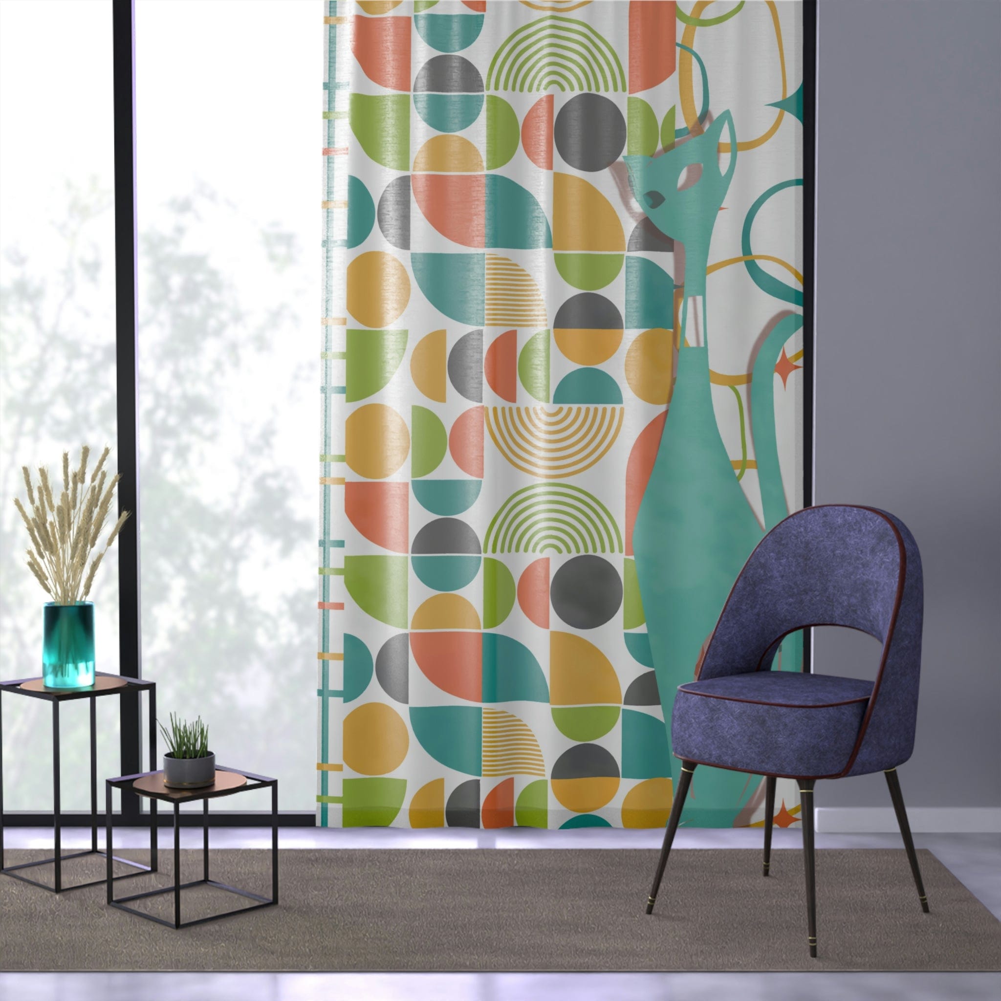 Atomic Cat Sheer Window Curtain, Mid Century Modern, White, Aqua, Orange, Yellow, FUN, Funky, Geometric, Retro Flowy Curtains Home Decor Sheer / White / 50" × 84"