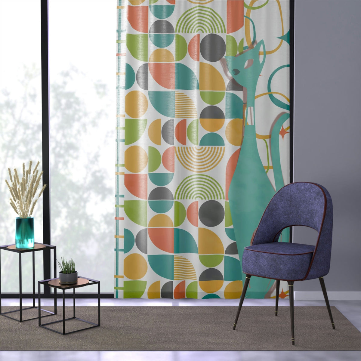 Atomic Cat Sheer Window Curtain, Mid Century Modern, White, Aqua, Orange, Yellow, FUN, Funky, Geometric, Retro Flowy Curtains Home Decor Sheer / White / 50" × 84"