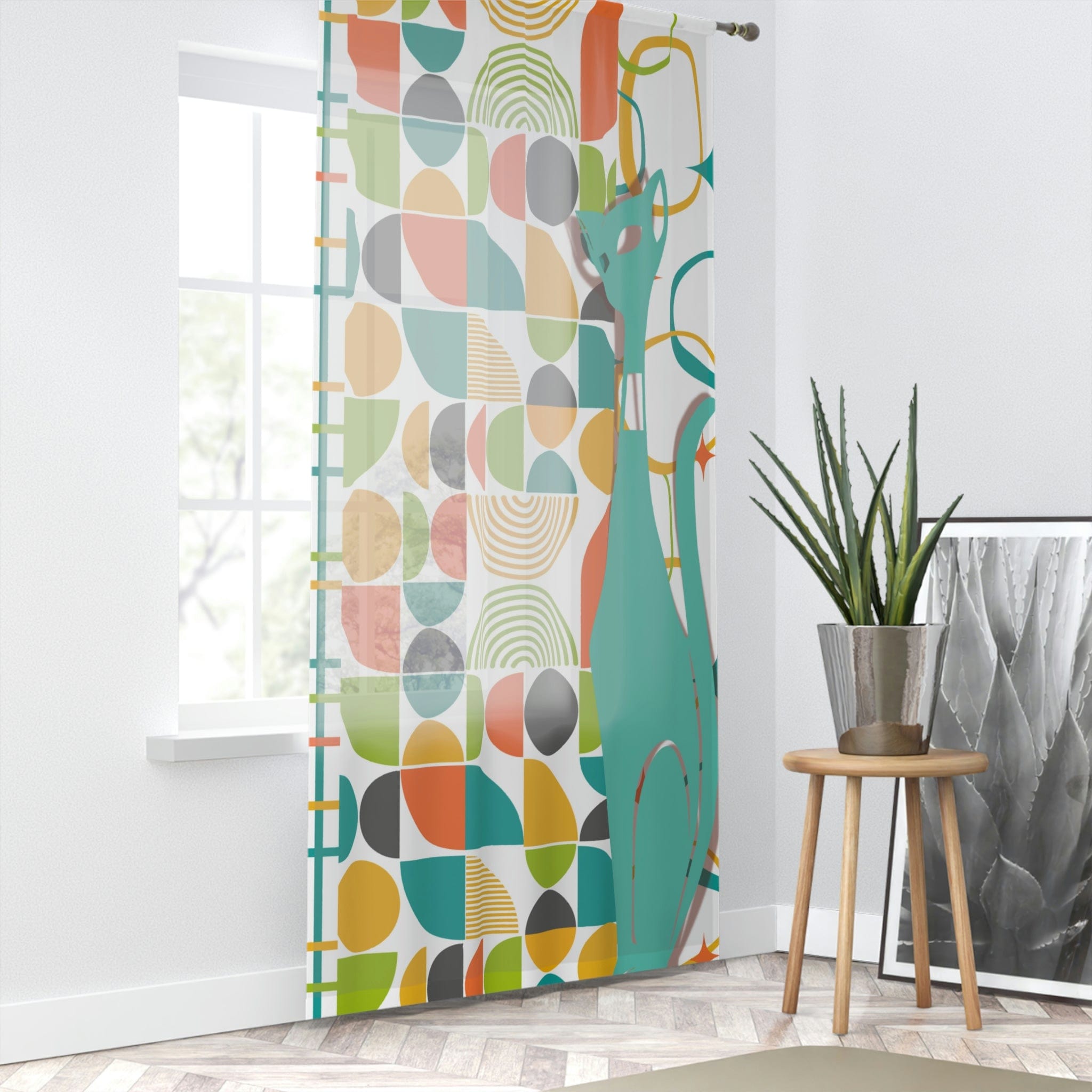 Atomic Cat Sheer Window Curtain, Mid Century Modern, White, Aqua, Orange, Yellow, FUN, Funky, Geometric, Retro Flowy Curtains Home Decor Sheer / White / 50" × 84"