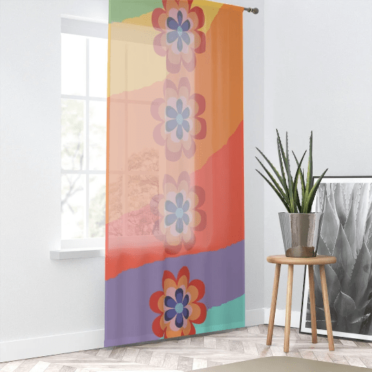 Hippie 70's Retro Rainbow, Mod Flower Power, Pink, Purple, Orange, Red Mid Mod SHEER Window Curtain Home Decor Sheer / White / 50" × 84"