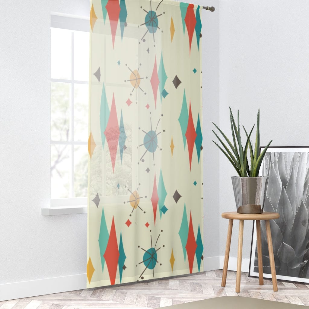 Mid Century Modern, Atomic Starburst, Franciscan Patter, Diamonds, Creamy Beige, Teal Blue, Mustard Yellow, Aqua, Burnt Orange, Mid Mod MCM Sheer Window Curtain Home Decor Sheer / White / 50" × 84"