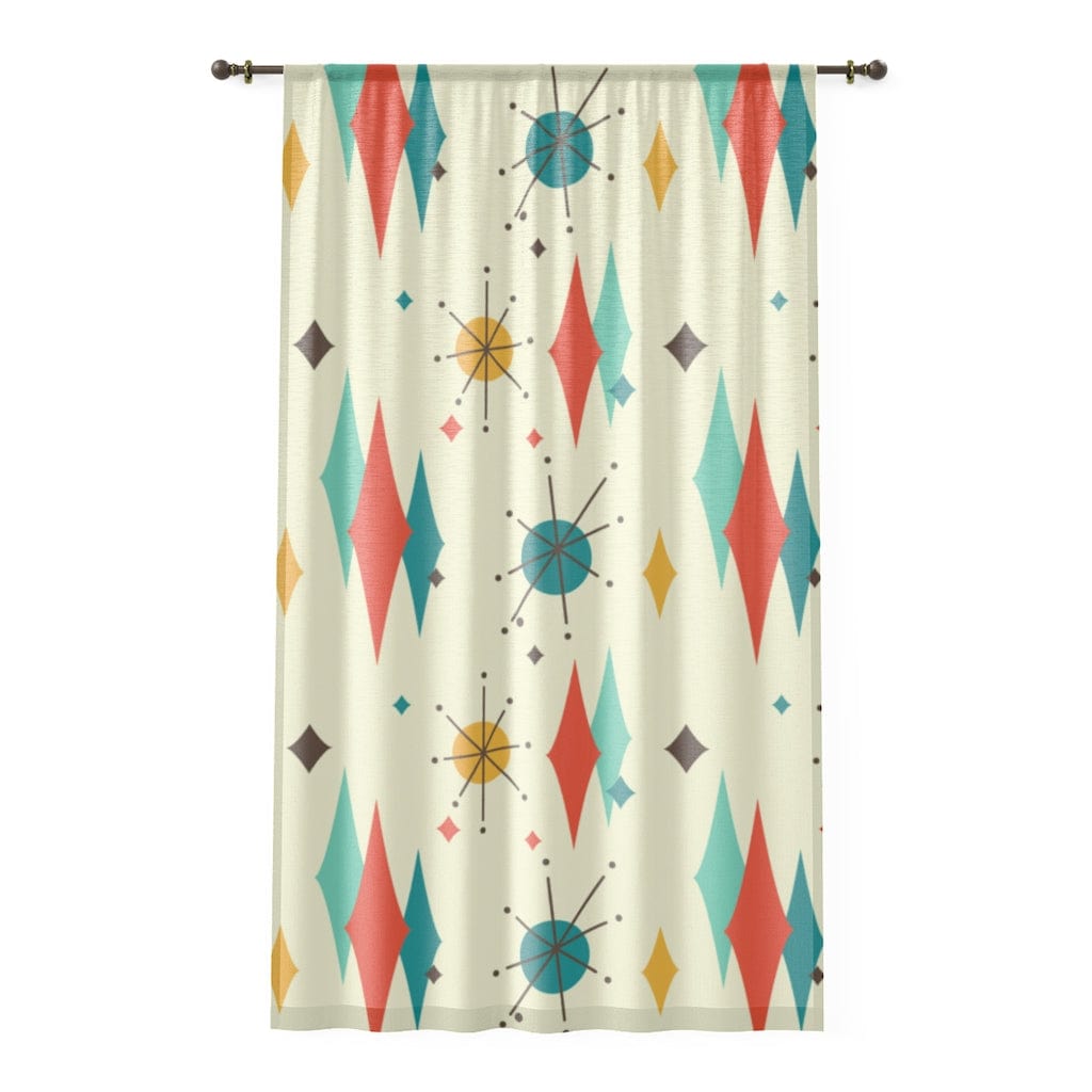 Mid Century Modern, Atomic Starburst, Franciscan Patter, Diamonds, Creamy Beige, Teal Blue, Mustard Yellow, Aqua, Burnt Orange, Mid Mod MCM Sheer Window Curtain Home Decor Sheer / White / 50" × 84"