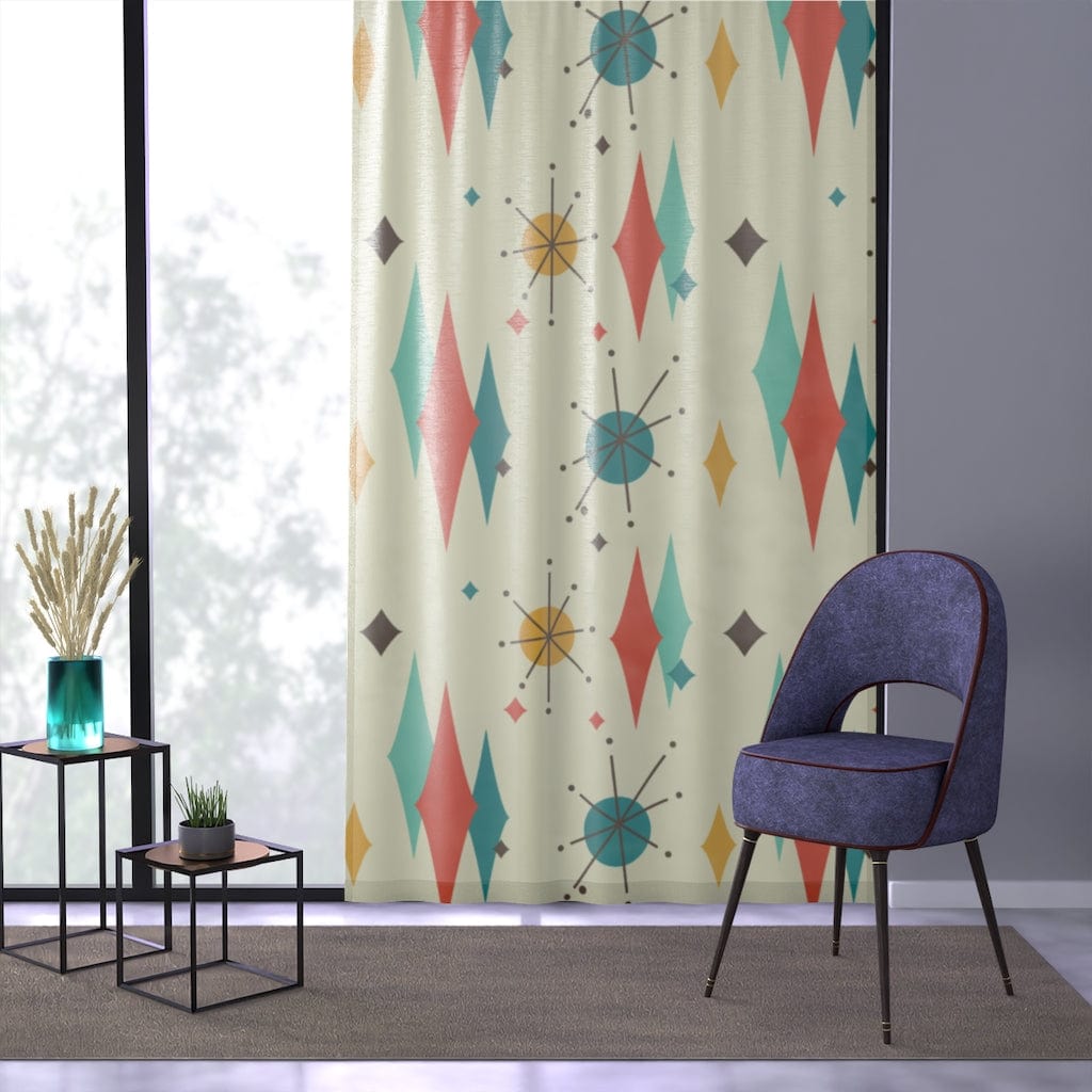 Mid Century Modern, Atomic Starburst, Franciscan Patter, Diamonds, Creamy Beige, Teal Blue, Mustard Yellow, Aqua, Burnt Orange, Mid Mod MCM Sheer Window Curtain Home Decor Sheer / White / 50" × 84"