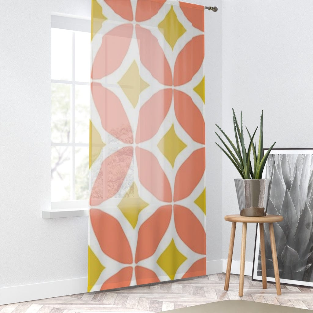 Mid Century Modern, Coral, Yellow, Gold, White, Geometric Mid Mod MCM Retro SHEER Window Curtain Home Decor Sheer / White / 50" × 84"