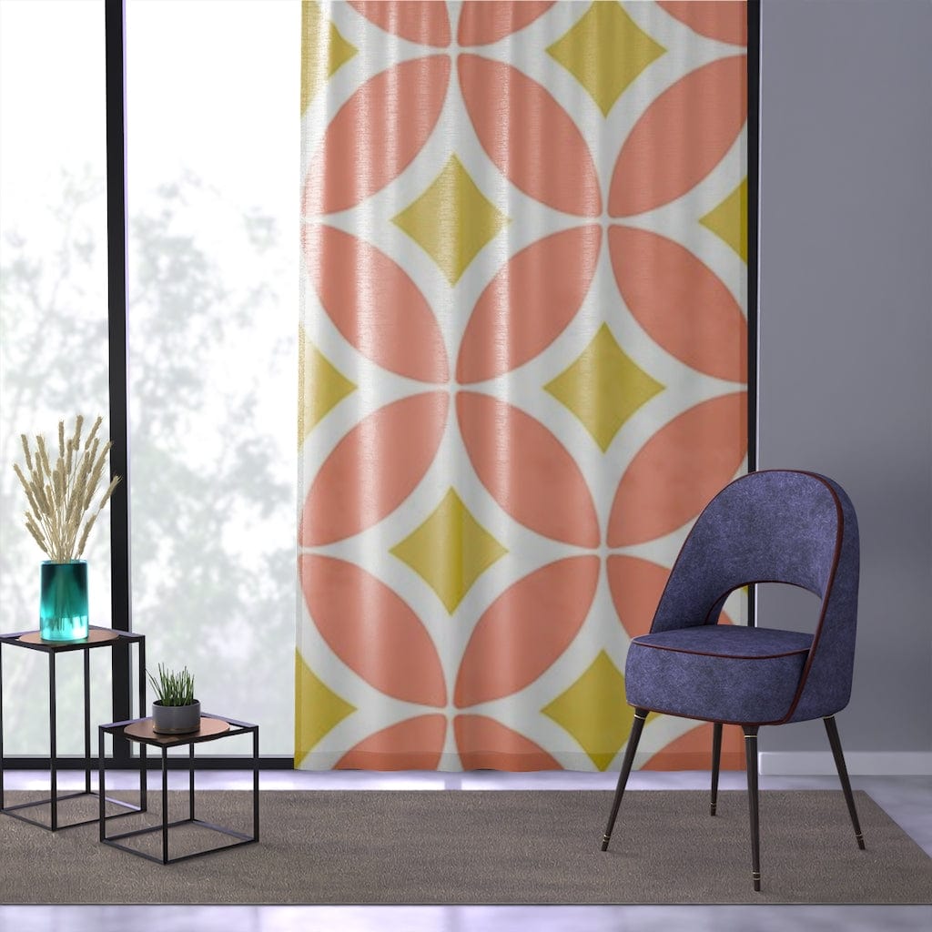 Mid Century Modern, Coral, Yellow, Gold, White, Geometric Mid Mod MCM Retro SHEER Window Curtain Home Decor Sheer / White / 50" × 84"