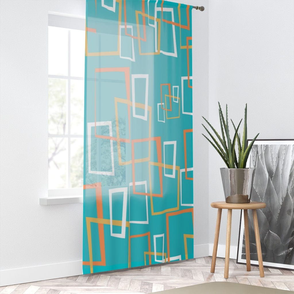 Mid Century Modern, Googie, Geometric, Aqua Blue, Orange, White, Yellow Atomic Age Living MCM Mid MOD SHEER Window Curtain Home Decor Sheer / White / 50" × 84"