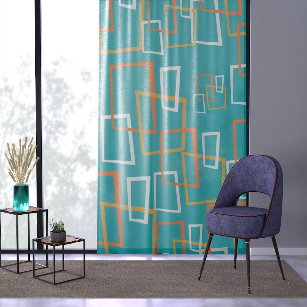 Mid Century Modern, Googie, Geometric, Aqua Blue, Orange, White, Yellow Atomic Age Living MCM Mid MOD SHEER Window Curtain Home Decor Sheer / White / 50" × 84"