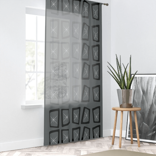 Mid Century Modern, Minimalist, Modernist, Gray, Atomic Mod Ages, Retro Geometric, Starburst SHEER Window Curtain Home Decor Sheer / White / 50" × 84"